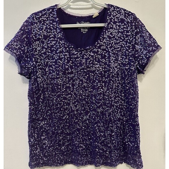 Chicos' Purple Sequined T-Shirt Top Size 2 (Large 12) - Picture 1 of 5